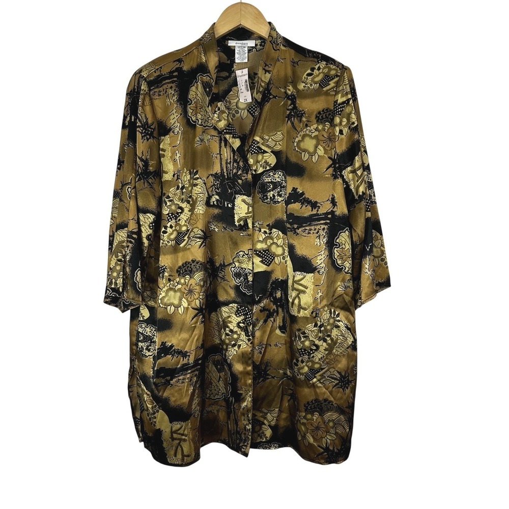 Dressbarn Blouse Womens 2X‎ Black and Gold Jacket With Tank Liner Oriental Asian
